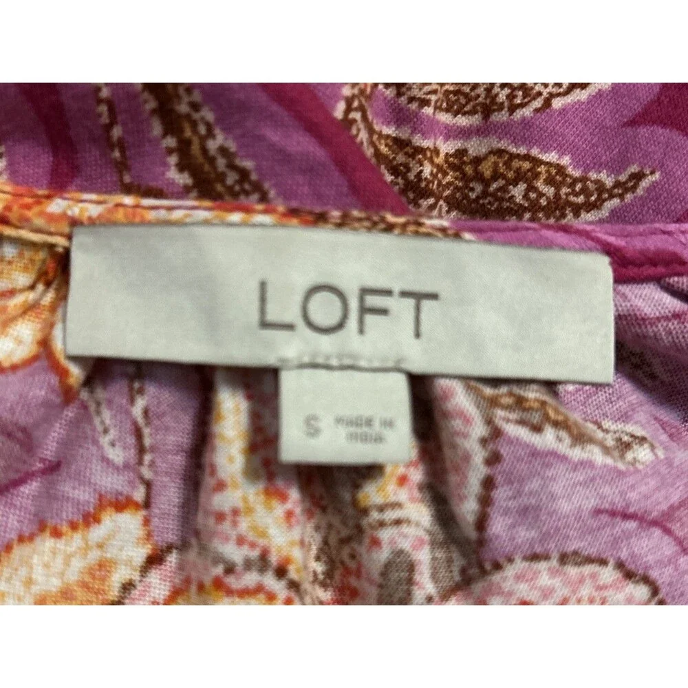 Loft Blouse Pink Orange Tropical Lilly Print Button Up Resort Vacation Sleeve